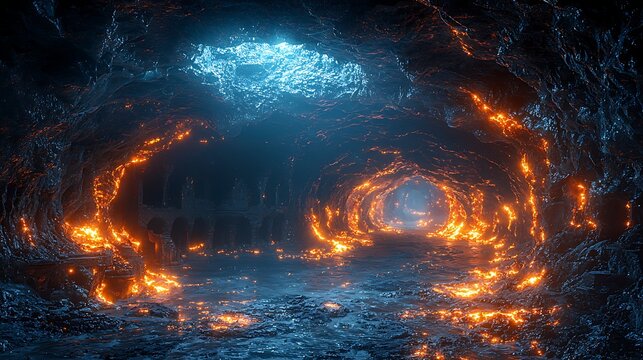 Cave of fire and ice: A breathtaking, ethereal landscape of a subterranean cave is revealed, with walls ablaze with radiant orange fire juxtaposed against a serene, ice blue illuminated ceiling.