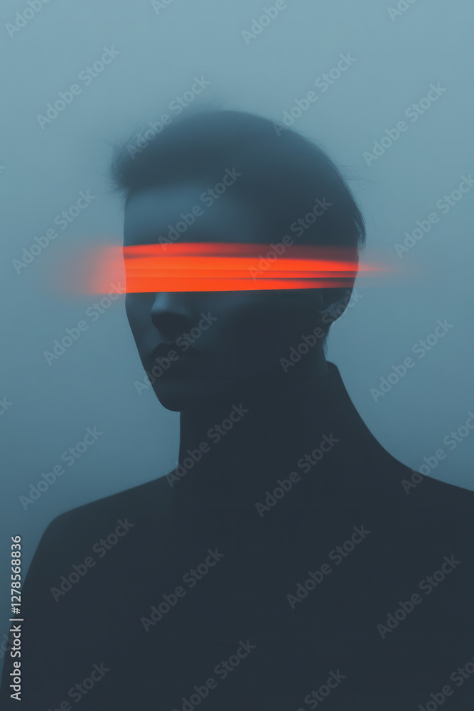 Poster Glowing geometric mask with precise lines in bold electric hues, hovering in a misty void of deep