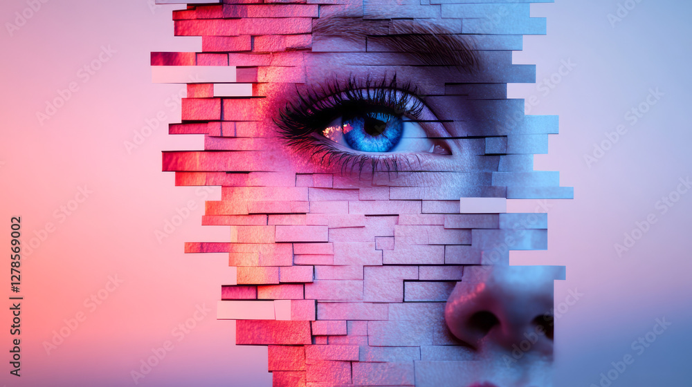 Poster fragmented face constructed from triangular grid segments, each piece tinted with vivid pastel