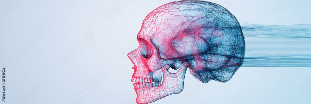 Poster gradient-based wireframe cranium in shifting pink to cyan tones, with soft lens flares accentuating