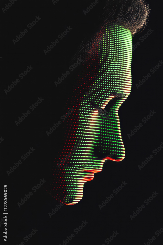 Poster half-silhouette merging with rigid grid shapes in contrasting neon green lines, blending seamlessly