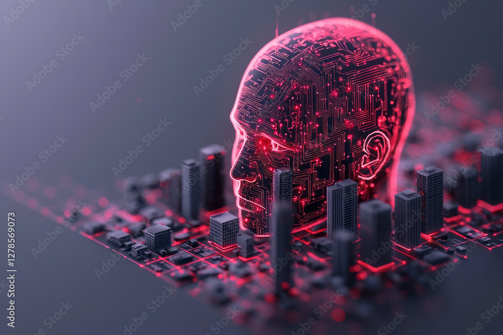 Poster high-contrast isometric grid building into a partial head, each connecting node lit by a brilliant