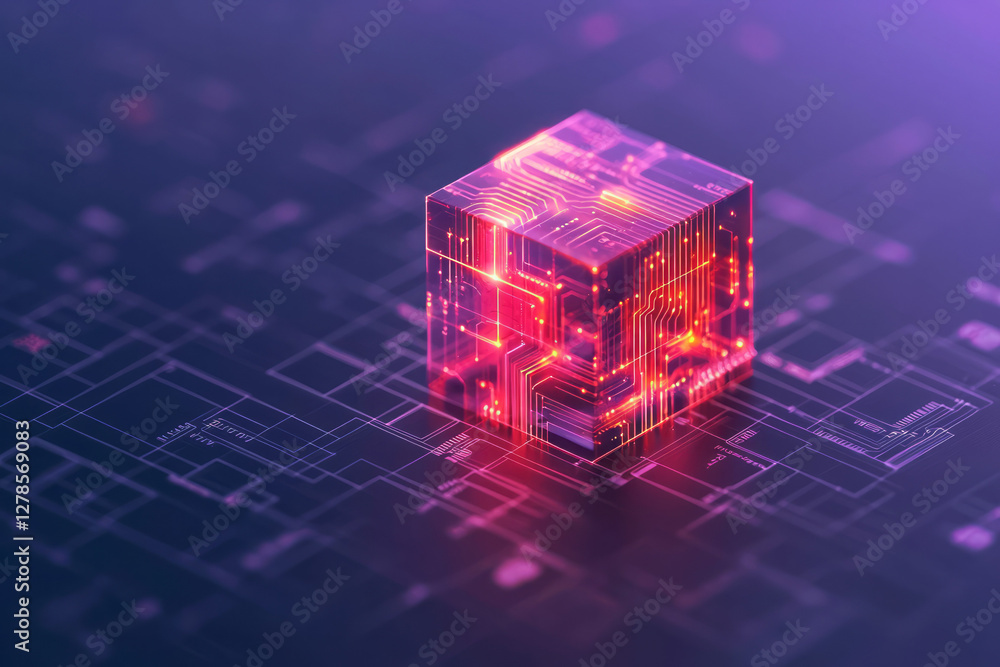 Poster high-contrast isometric grid building into a partial head, each connecting node lit by a brilliant
