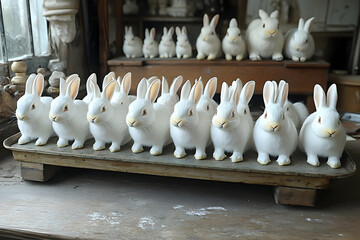 Arrangement of White Decorative Rabbit Figurines on a Distressed Surface Near Window Light