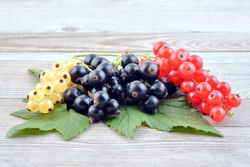 Black, red and white currant with leaves on wooden table.