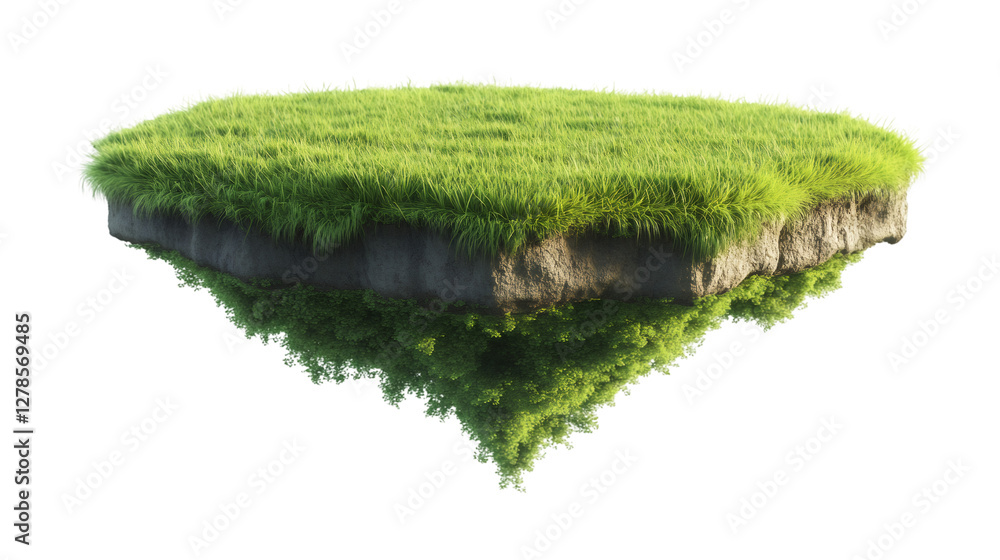 Poster piece of land covered with green grass floating in the air with a transparent background