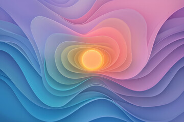 Offset circular bands, each tinted in neon gradients, converging around a small, glowing center orb,