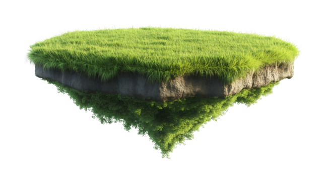Piece of land covered with green grass floating in the air with a transparent background