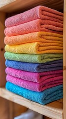 Colorful towels stacked on shelf (1)