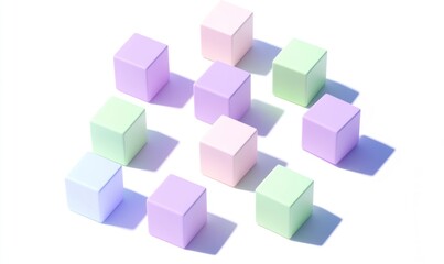 Obraz premium Pastel cubes arranged in a scattered pattern casting shadows on a white background.