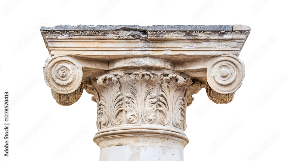 Poster Ionic capital of an ancient roman column with signs of aging isolated on transparent background, ideal for photobashing or architectural visualization