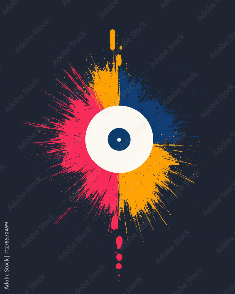 Poster floating record design with paint droplets in bright pinks and yellows splashing onto the circular