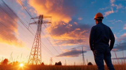 Electricity engineer overseeing power lines at sunset in a tranquil field