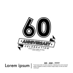 60th years anniversary celebration emblem. black anniversary logo isolated with ribbon on white background. vector illustration template design for web, flyers, poster, greeting card	