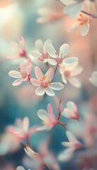 Delicate small white flowers bloom against a soft colorful background
