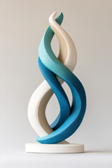 Smoothly curving sculpture featuring layered teal and lime bands, gently twisting against a