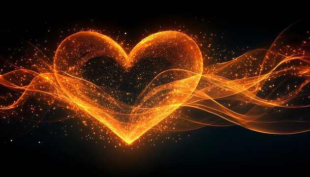 Glowing heart, energy waves, dark background, love concept
