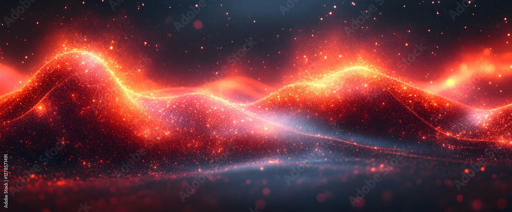 Poster abstract red energy field with sparkling particles on dark background for modern design