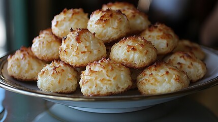 Fototapeta premium Delicious coconut macaroons on a plate, kitchen background