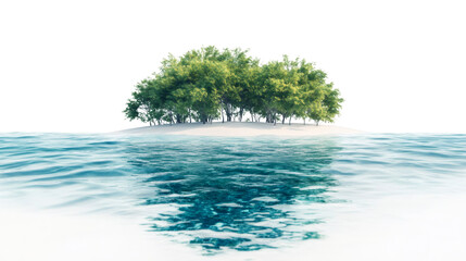 Obraz premium Tropical island with lush vegetation emerging from a transparent water surface, creating a tranquil and idyllic scene with copy space