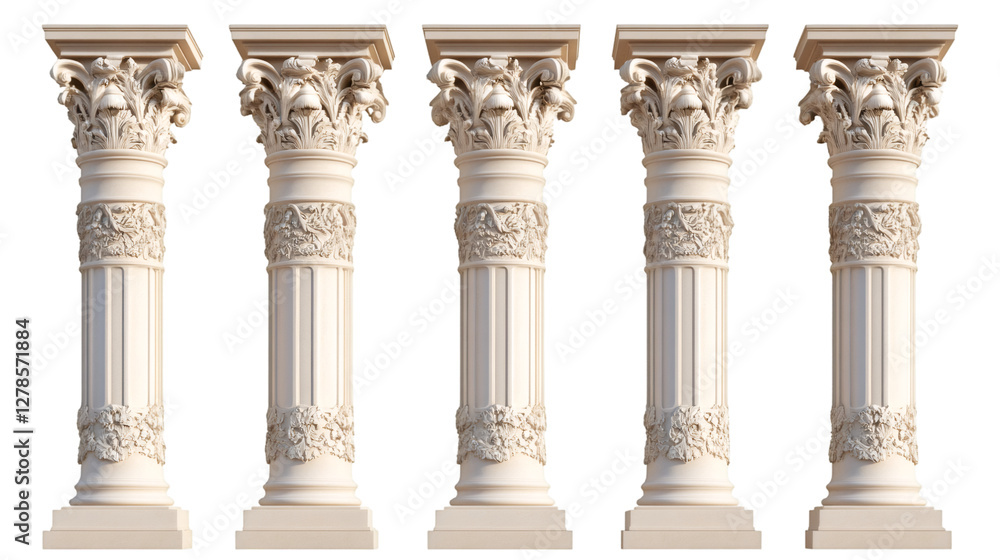 Poster five identical white columns with floral decorations and transparent background, perfect for archite