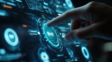 Futuristic Online Shopping Experience: A finger presses the 'Buy' button on a holographic interface, showcasing cutting-edge technology in e-commerce.
