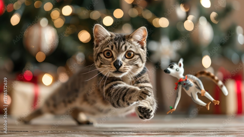 Poster a playful cat leaps towards a toy in a festive setting with a christmas tree in the background.