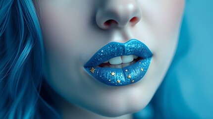 Fototapeta premium Close-up of a woman's face, emphasizing lips painted with blue glittery lipstick and a gold star constellation pattern. Blue skin, eyes, hair, fur, and background
