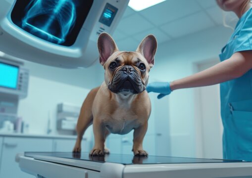 French bulldog examining an x-ray at the veterinary clinic during a checkup. Vet clinic procedures on dogs