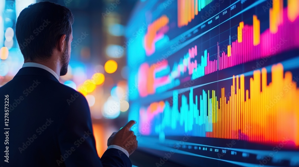 Poster a business professional analyzes vibrant data visualizations on a digital screen, showcasing trends 