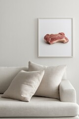 Framed raw meat steak on wall above beige sofa.