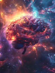 A surreal representation of consciousness, where a human brain seamlessly merges with the cosmos, illustrating the connection between mind and universe.