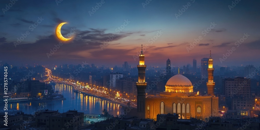 Wall mural Cityscape at Night with Crescent Moon