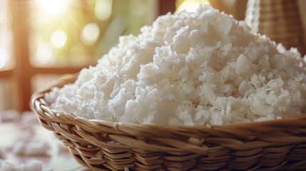 A basket filled with fluffy white coconut flakes, illuminated by soft natural light.
