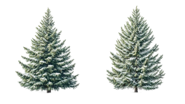 Snow-covered fir tree cutouts isolated on transparent backdrop, ideal for seasonal winter design and holiday graphics