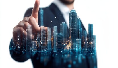 Business professional engaging with digital cityscape modern office environment conceptual technology visualization