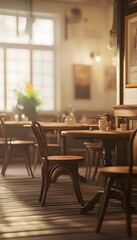 Cozy cafe interior features wooden chairs and tables bathed in light