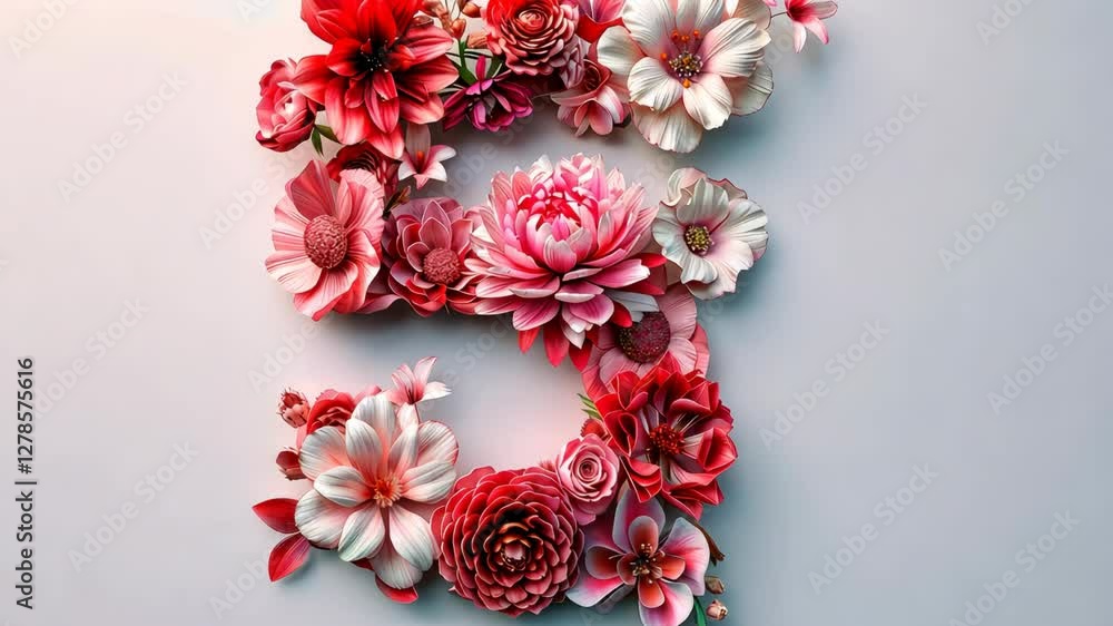 Poster beautiful display of flowers consisting of various shades of pink and red arranged in the shape of t