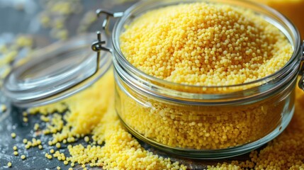 A jar filled with yellow grains, possibly semolina or couscous, on a textured surface.