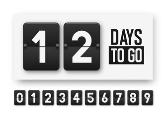 Countdown days to go, days left banner. Countdown days remaining banner in a retro flip clock style. Promotional banner showcasing days to go. Stylized counter and timer in vintage style. Vector