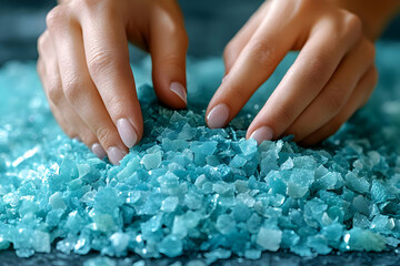 Close Up of Female Hands Over Pile of Turquoise Sea Salt Crystals