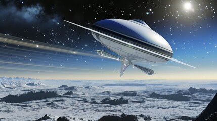 Fototapeta premium Futuristic spacecraft hovering above icy Uranus surface, distant stars and faint rings visible, symbolizing outer solar system exploration with advanced technology.