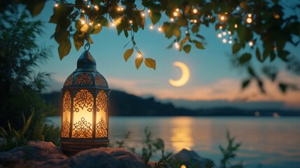 Fototapeta premium Serene Lakeside Night Scene with Illuminated Lantern and Crescent Moon