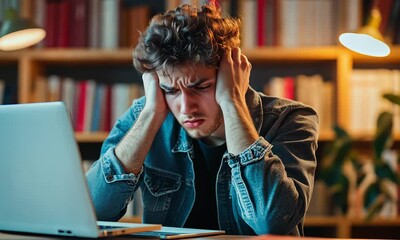 A young man with curly hair sits at a desk in a library, hands on his head, looking stressed out at his laptop screen; concept for stress, anxiety, and mental health awareness campaigns