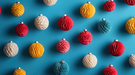 Pattern of papercraft baubles arranged on a blue background