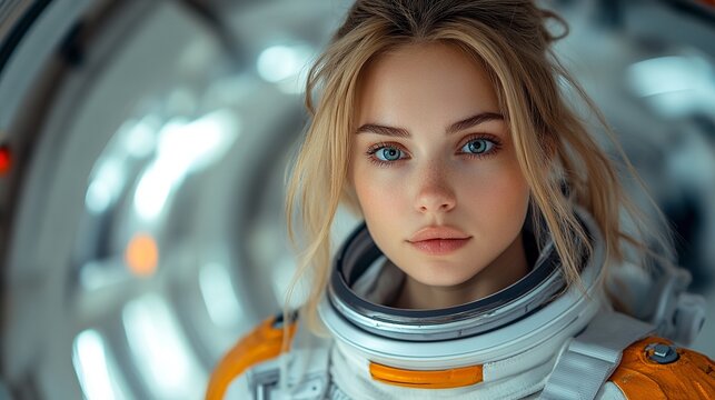 Astronaut's Cosmic Gaze: A determined female astronaut, poised with steely resolve, gazes directly at the viewer.