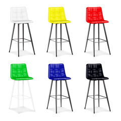 High bar chair with soft seat cushion and footrest. White, yellow, red, green, blue, black color. Easy editable. Realistic vector mockup set. Bar stool with back and foot rest. Mock-up set