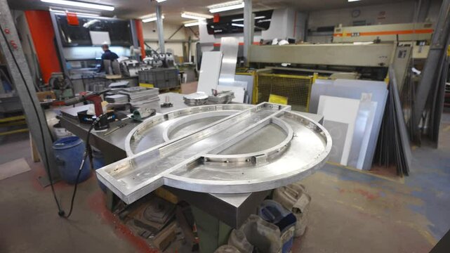 A large metal object is sitting on a table in a factory. The object is silver and has a circular shape. There are other metal objects in the background, including a large machine