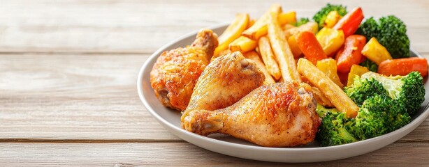Air fryer recipes chicken, Delicious plate featuring crispy chicken, fries, and fresh vegetables on a wooden table.