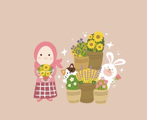ramadhan elements - cute muslimah on ramadhan - cute islamic hijab girl on ied mubarak with bouquet of flowers and cat
